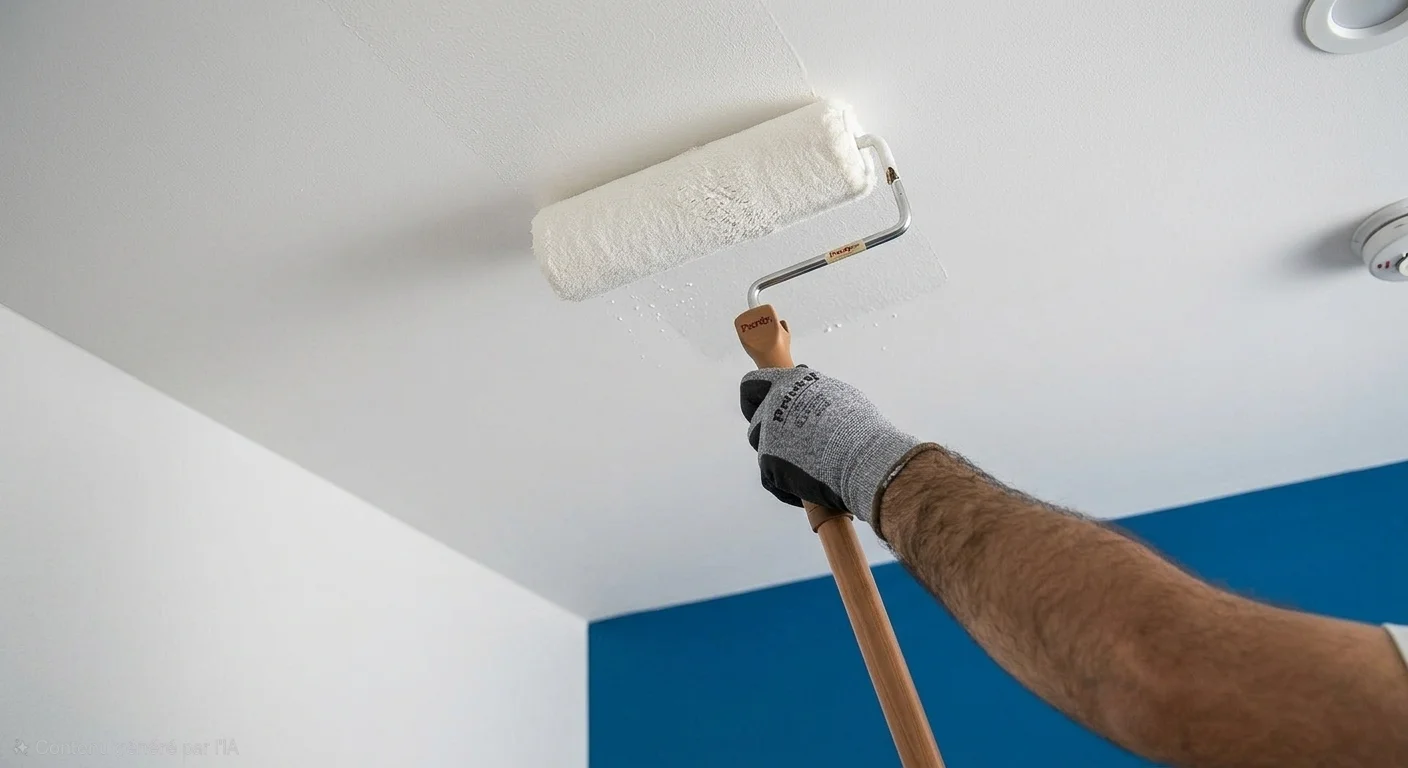Application au rouleau d'une peinture bleu canard sur un mur, en contraste avec les teintes vert et jaune existantes