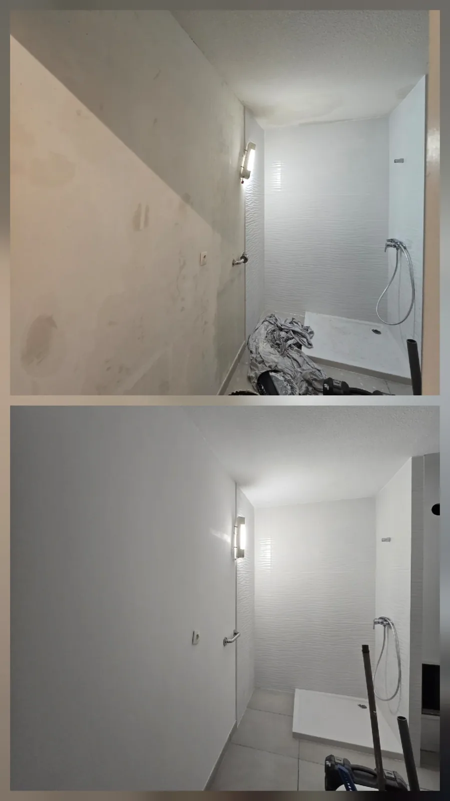 Rénovation de peinture d'une salle d'eau avec douche, avant et après