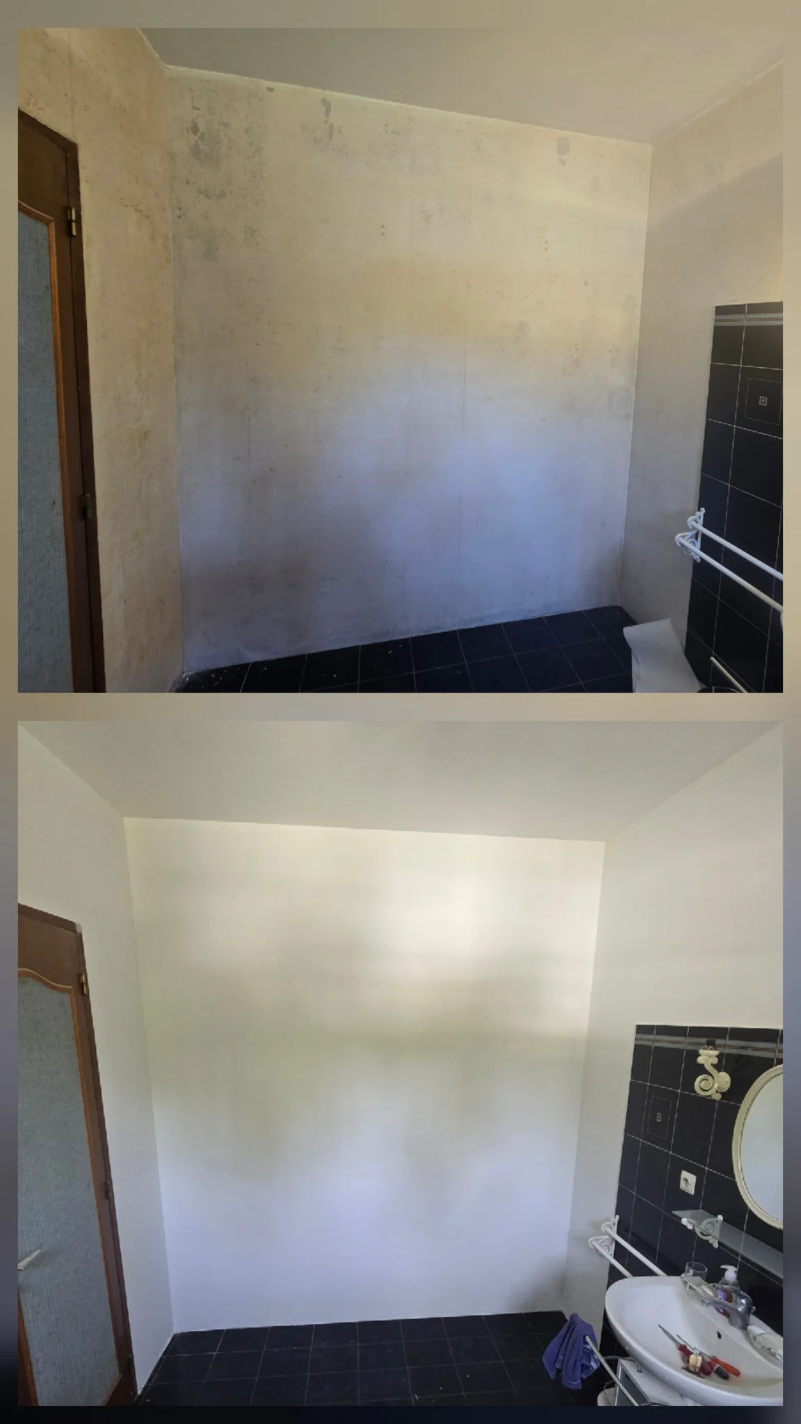 Rénovation de peinture d'une salle de bains, avant et après