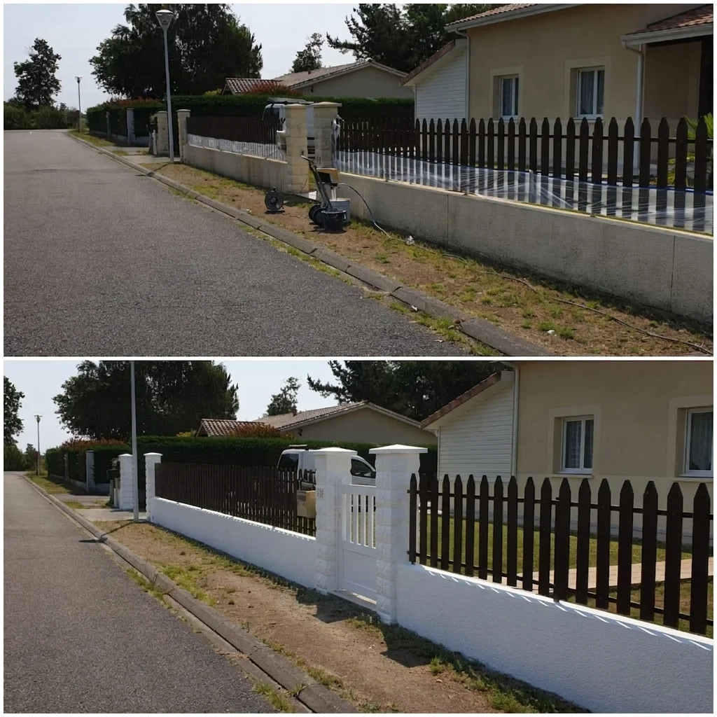 Peinture d'un muret et d'une clôture de propriété, avant et après