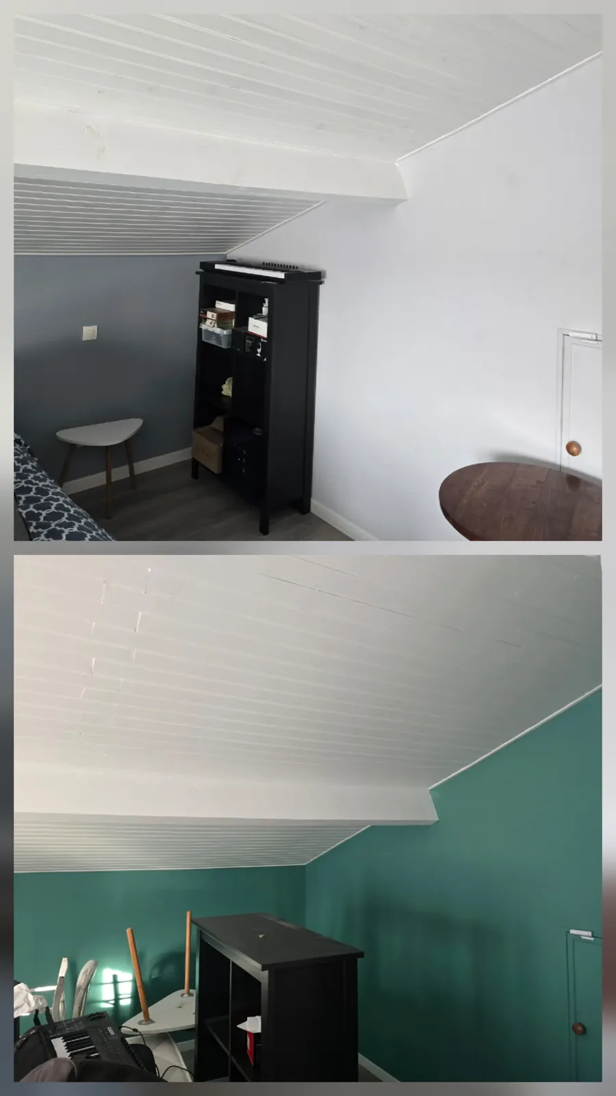 Rénovation de peinture d'une chambre sous combles, avant et après