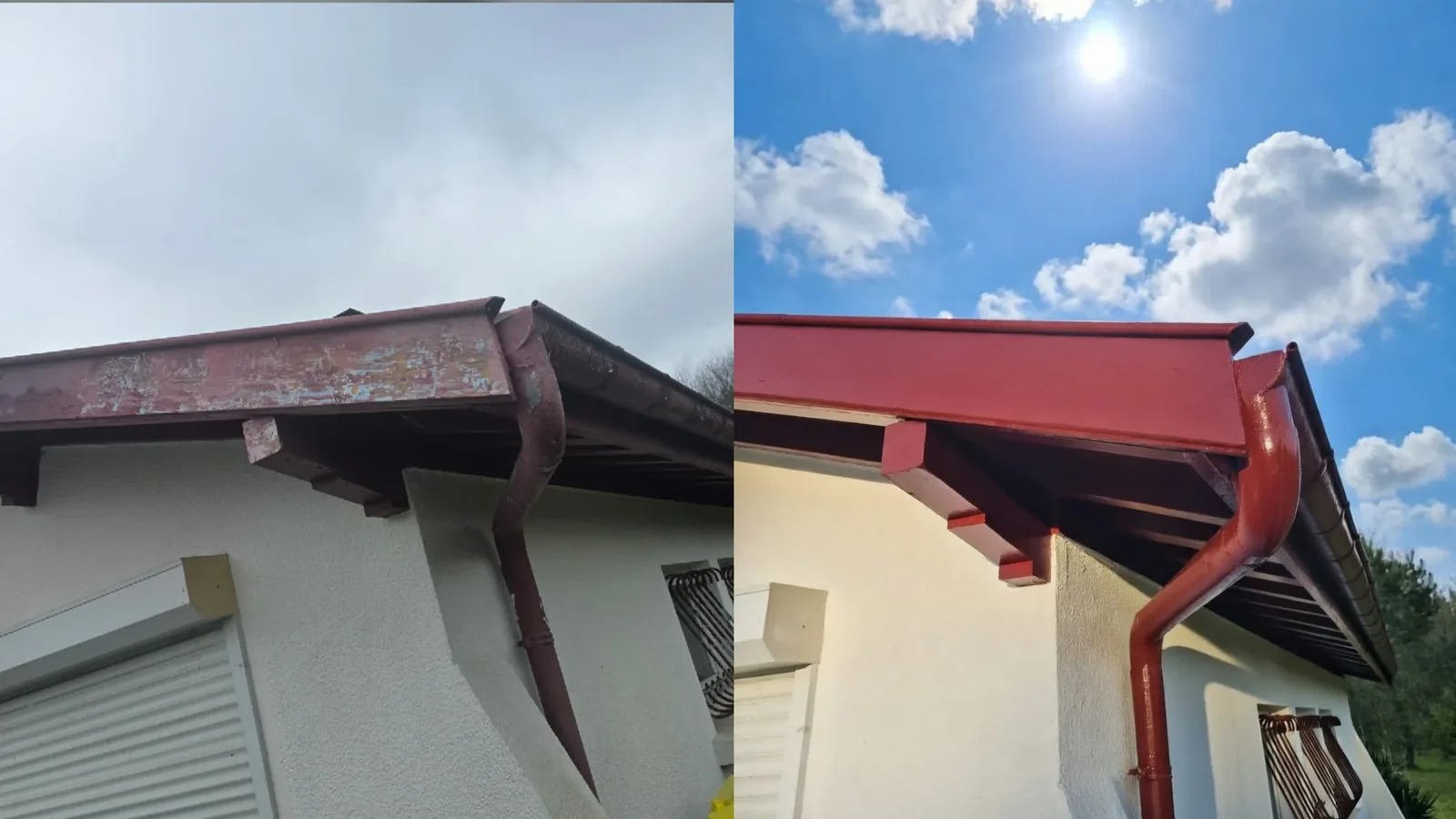 Peinture des boiseries et de la rive de toit en rouge, avant et après