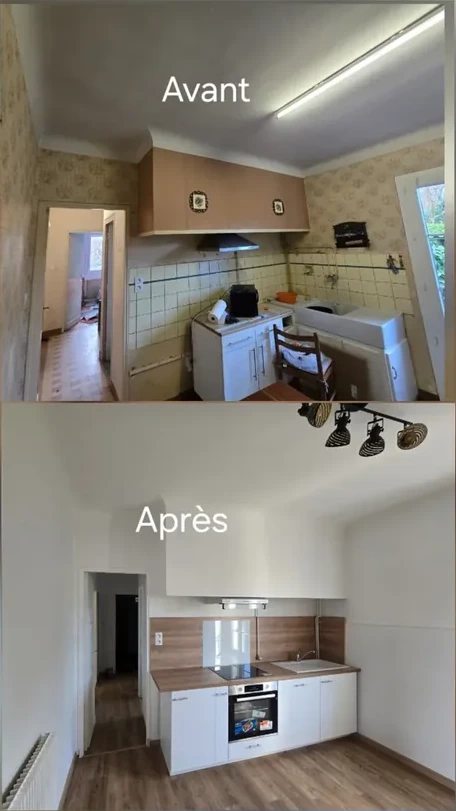Rénovation de peinture d'une cuisine à Audenge, avant et après